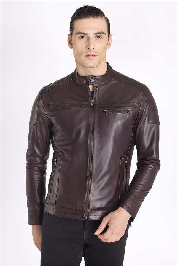 Erkek Kahve Kuzu Deri Mont