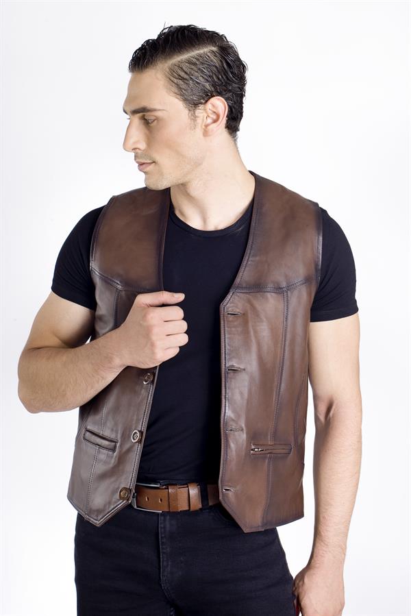 Erkek Kahverengi Deri Yelek