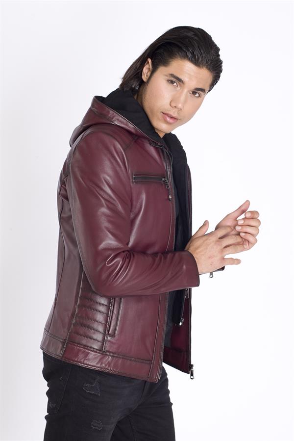 Erkek Kapşonlu Doğal Deri Mont