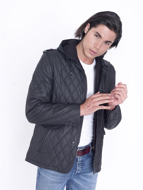 Erkek Kapşonlu Gerçek Deri Kaban