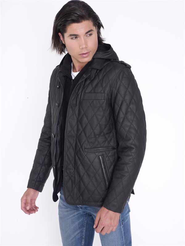 Erkek Kapşonlu Gerçek Deri Kaban