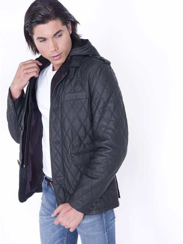 Erkek Kapşonlu Gerçek Deri Kaban