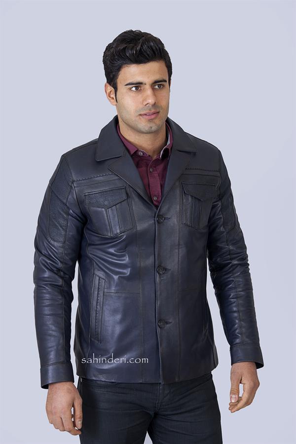 Erkek Lacivert Deri Ceket