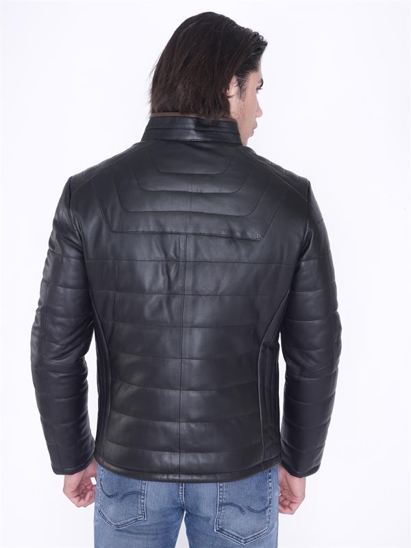 Erkek Sade Siyah Şişme Hakiki Deri Mont