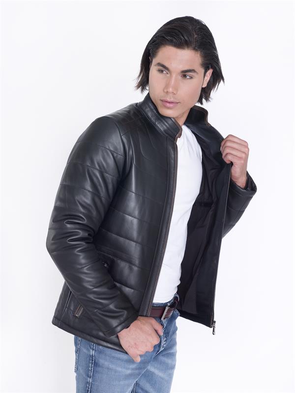 Erkek Sade Siyah Şişme Hakiki Deri Mont