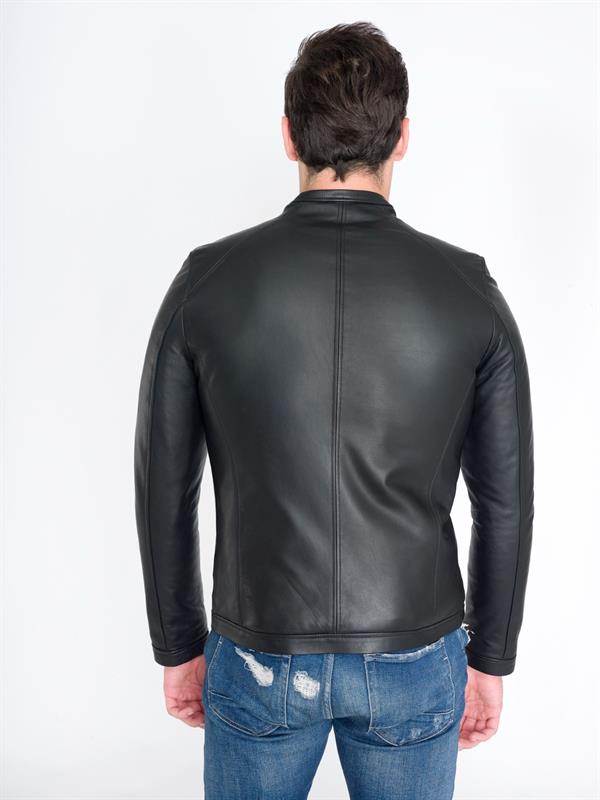 Erkek Sade Spor Siyah Deri Mont 