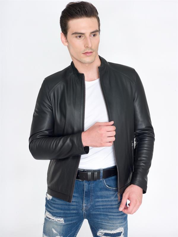 Erkek Sade Spor Siyah Deri Mont 