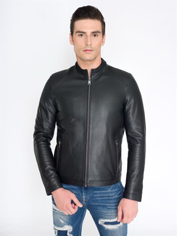 Erkek Sade Spor Siyah Deri Mont 
