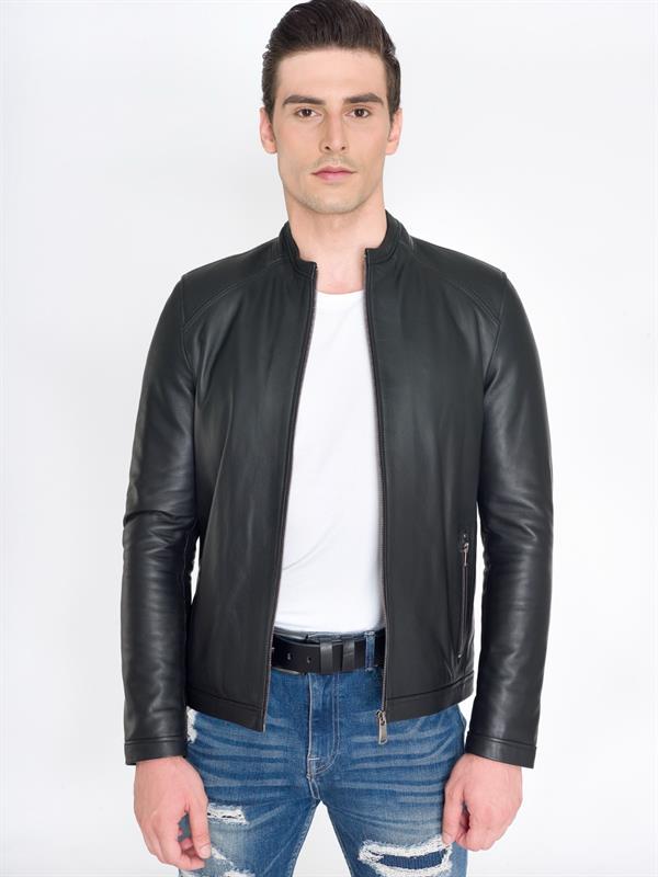 Erkek Sade Spor Siyah Deri Mont 