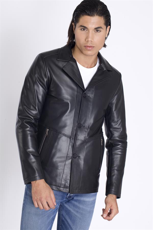 Erkek Siyah Düğmeli Deri Mont