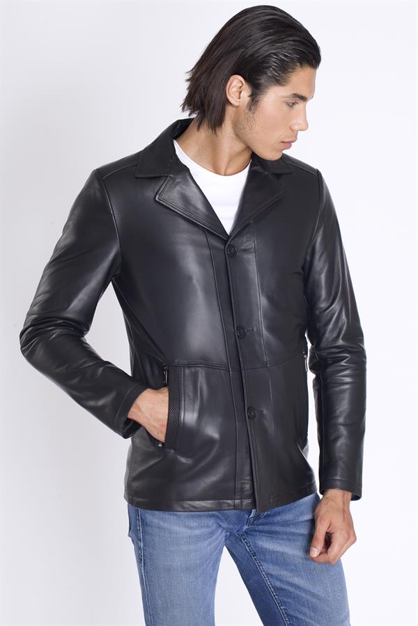 Erkek Siyah Düğmeli Deri Mont