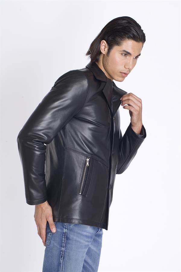 Erkek Siyah Düğmeli Deri Mont