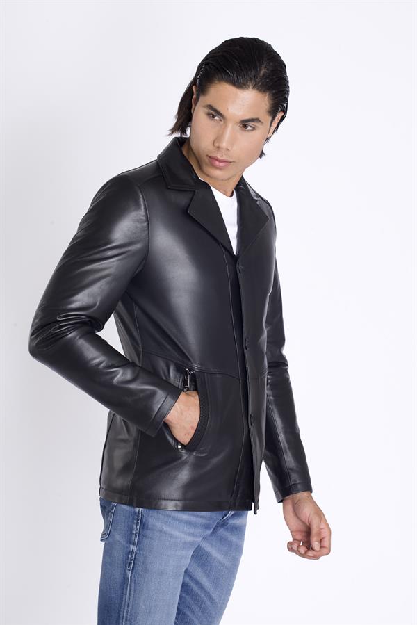 Erkek Siyah Düğmeli Deri Mont