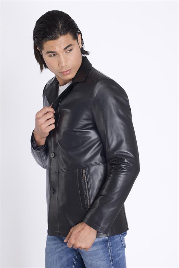 Erkek Siyah Düğmeli Deri Mont