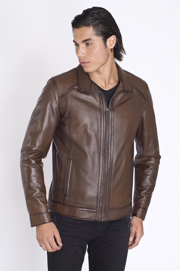 Erkek Yakalı Sade Kahve Deri Mont