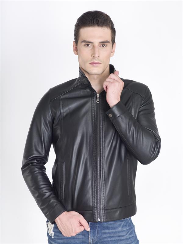 Erkek Yakalı Sade Siyah Deri Mont