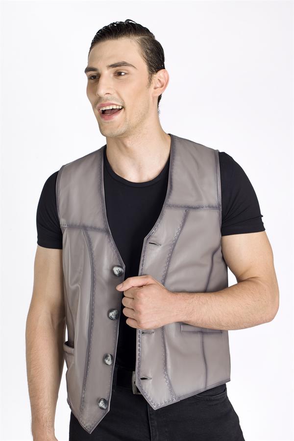 Gri Gerçek Deri Yelek