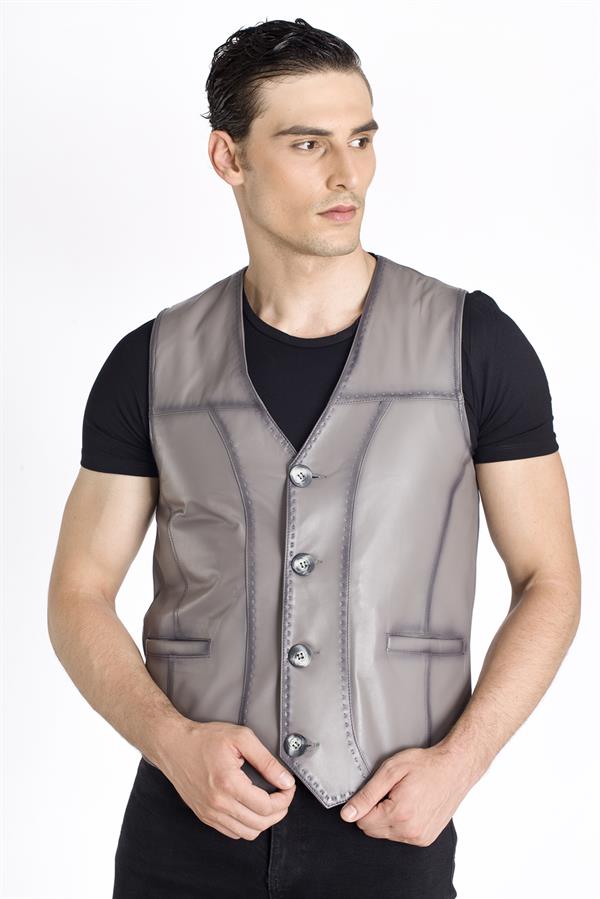 Gri Gerçek Deri Yelek