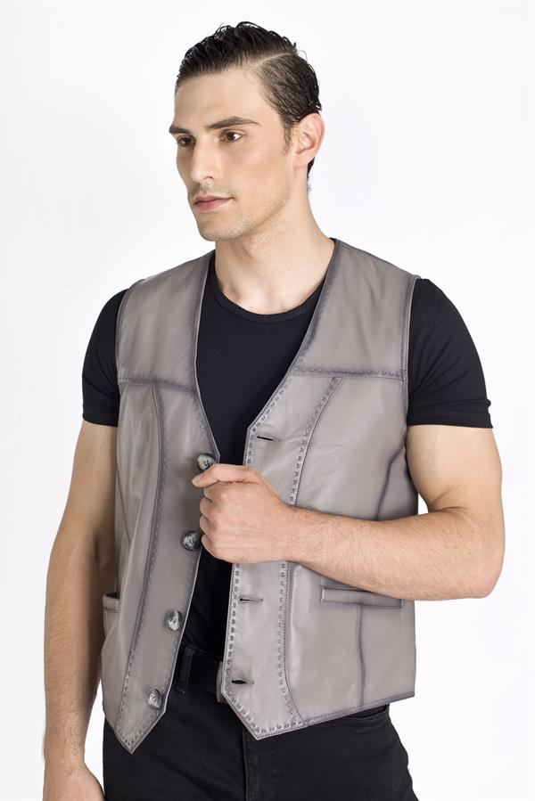 Gri Gerçek Deri Yelek