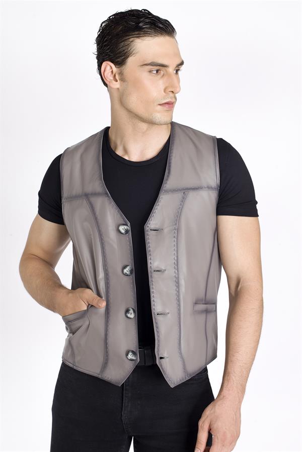 Gri Gerçek Deri Yelek
