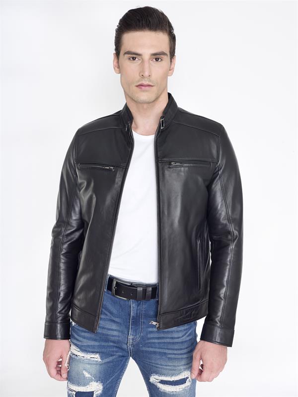 Hakim Yaka Erkek Siyah Deri Mont