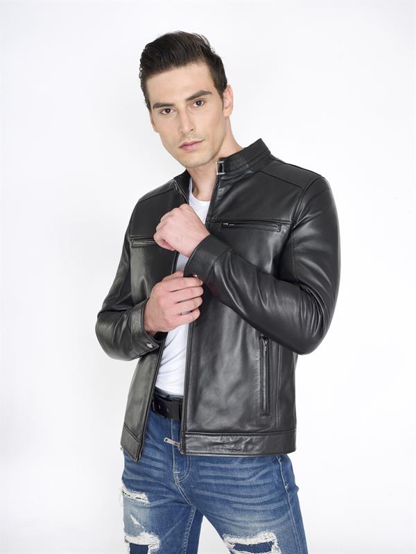 Hakim Yaka Erkek Siyah Deri Mont