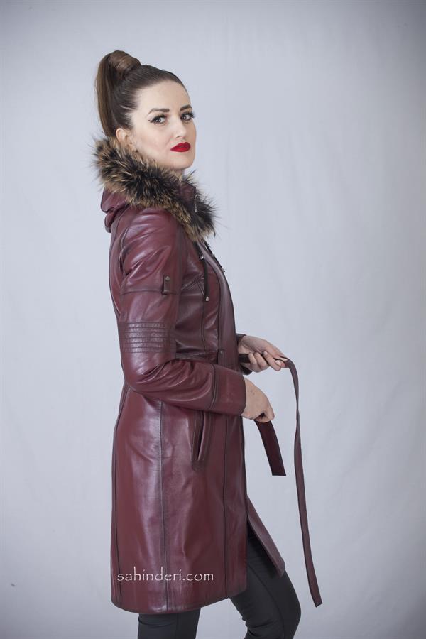 Kadın Bordo Deri Trençkot