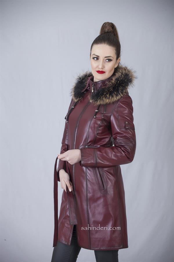 Kadın Bordo Deri Trençkot