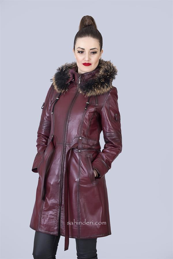 Kadın Bordo Deri Trençkot