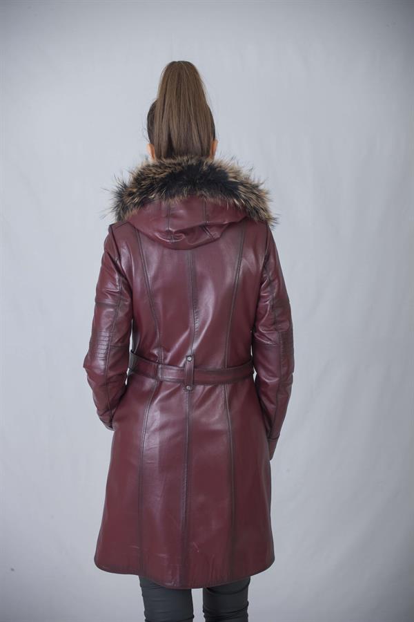 Kadın Bordo Deri Trençkot
