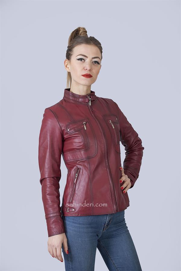 Kadın Bordo Spor Deri Mont