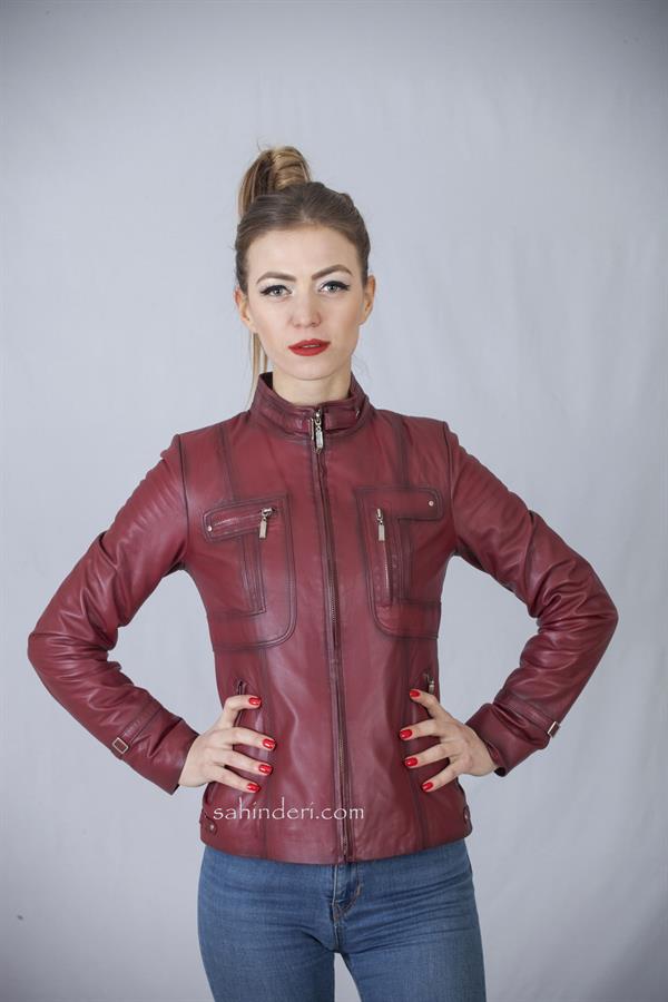 Kadın Bordo Spor Deri Mont