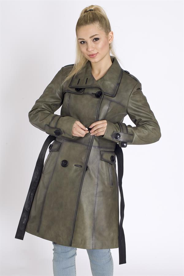 Kadın Eskitme Deri Trençkot