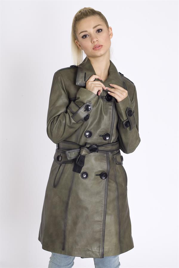 Kadın Eskitme Deri Trençkot