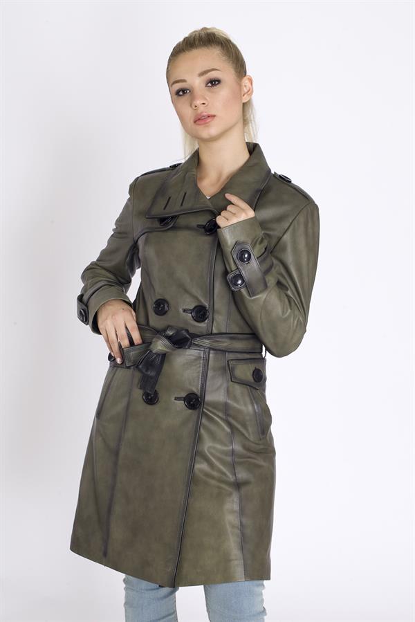 Kadın Eskitme Deri Trençkot