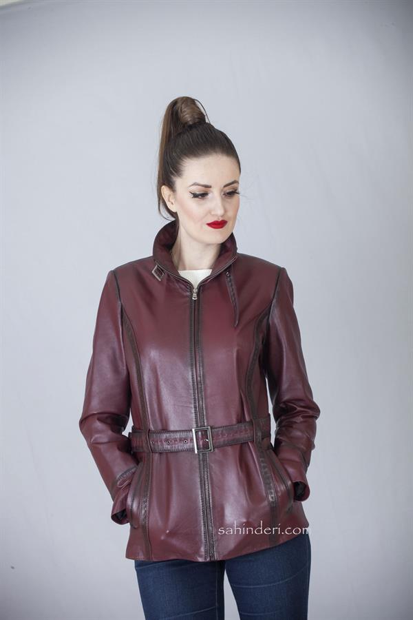 Kadın Kemerli Kuzu Deri Ceket