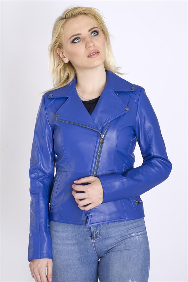 Kadın Mavi Hakiki Deri Mont