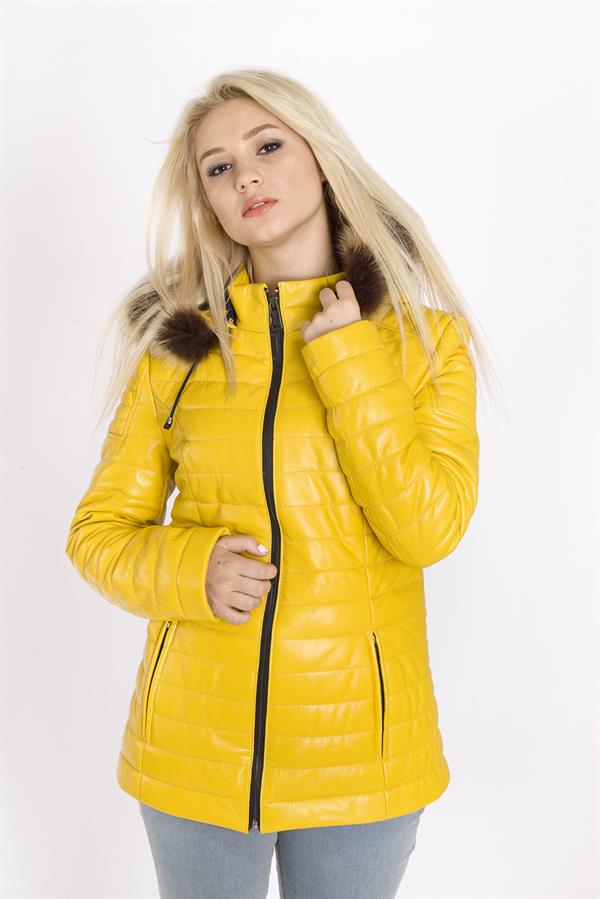 Kadın Sarı Renk Hakiki Deri Mont