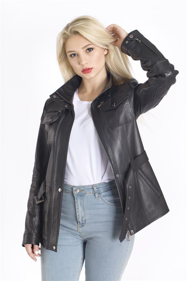 Kadın Siyah Kuzu Derisi Mont