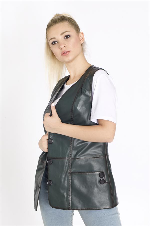 Kadın Uzun Yeşil Deri Yelek