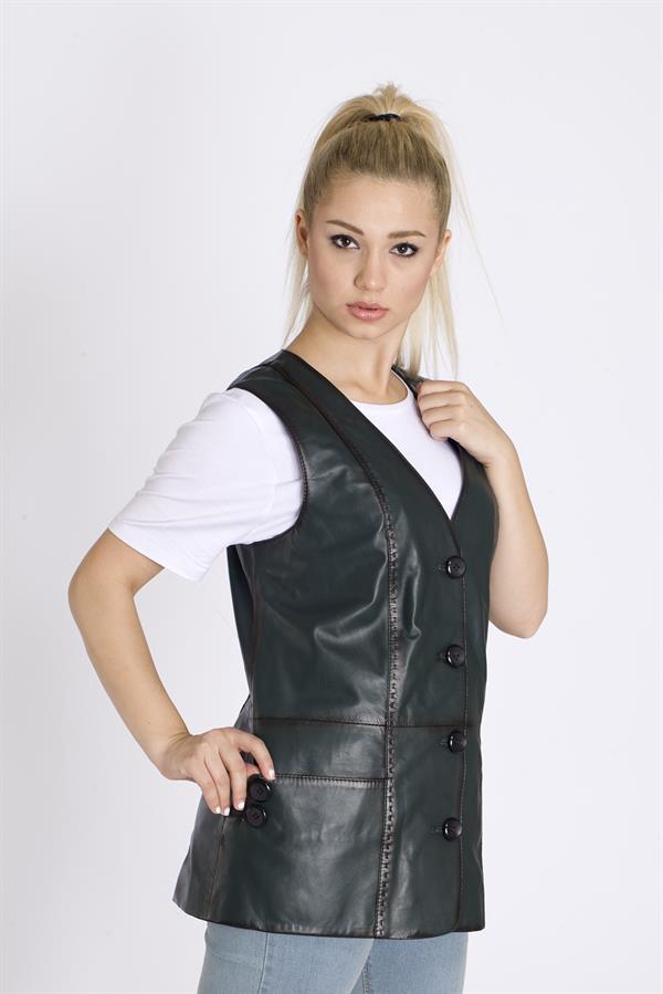 Kadın Uzun Yeşil Deri Yelek