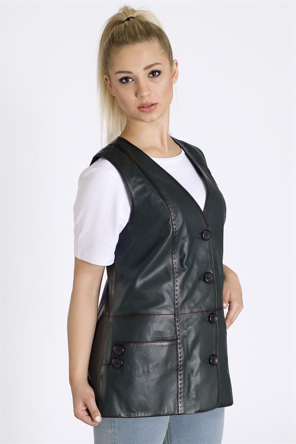 Kadın Uzun Yeşil Deri Yelek