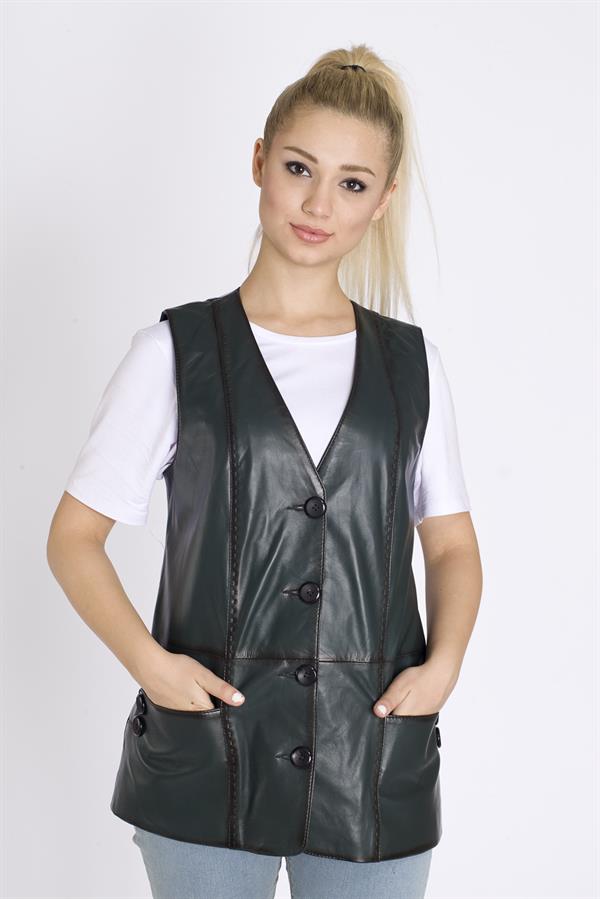 Kadın Uzun Yeşil Deri Yelek