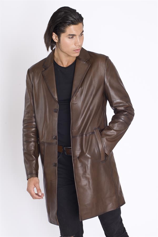 Kahve Erkek Gerçek Deri Trençkot