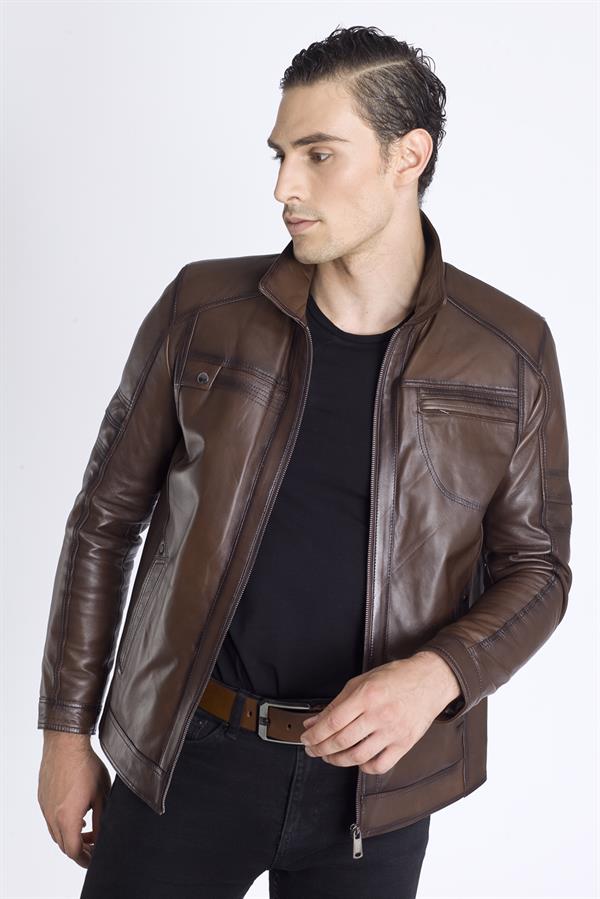 Kahve Gömlek Yaka Deri Mont