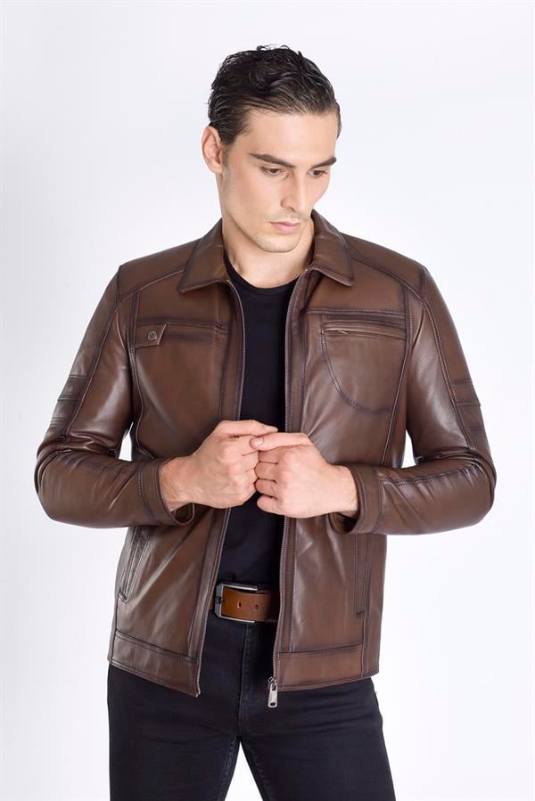 Kahve Gömlek Yaka Deri Mont