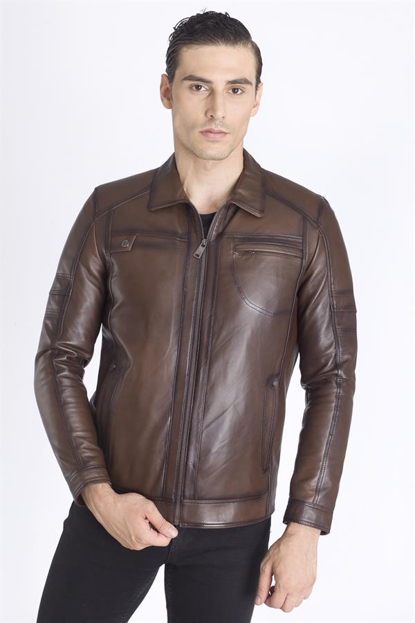 Kahve Gömlek Yaka Deri Mont