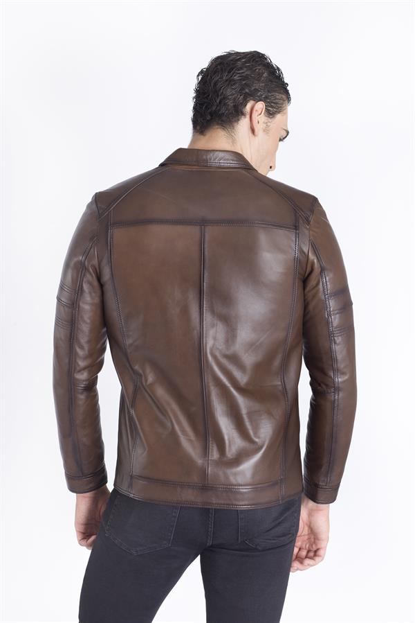 Kahve Gömlek Yaka Deri Mont