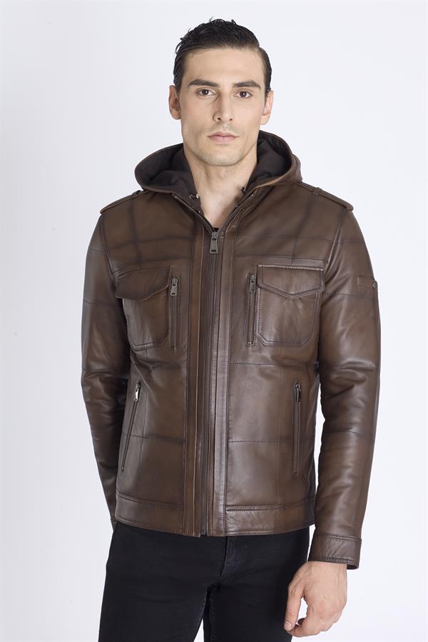 Kahve Kapşonlu Kuzu Deri Mont