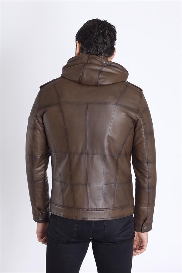 Kahve Kapşonlu Kuzu Deri Mont
